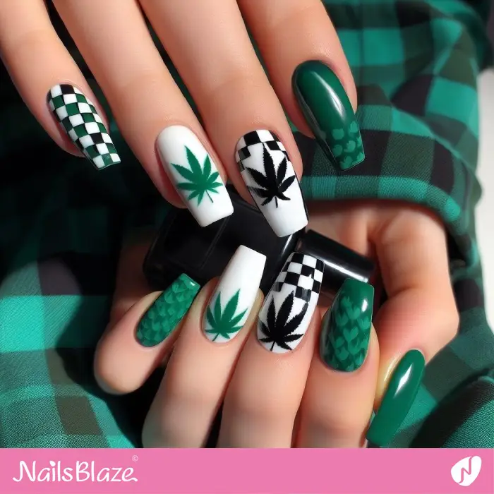 Trendy Checkered Nail Art with Cannabis Leaf Design | Nature-inspired Nails - NB2353